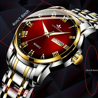 FOURRON Men'S Quartz Watch - Stainless Steel Band, Roman Numerals, Luminous, Waterproof, Ideal for Birthday & Holiday Gifts