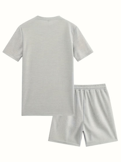 European and American Style Men's Basic Solid Color Set Round Neck Short Sleeve T-Shirt + Shorts Two-Piece Suit