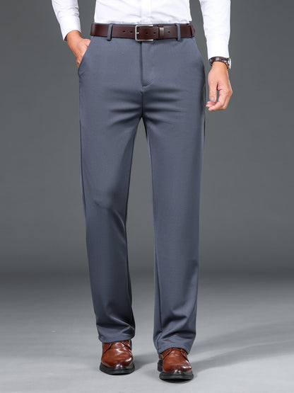 1pc Men'S Warmth Business Casual Pants, Fall/Winter Fleece-Lined Thickened Straight-Leg Trousers with Slant Pockets, Solid Color Knit Fabric Regular Fit Dress Pants with Zipper Closure, Medium Stretch Polyester