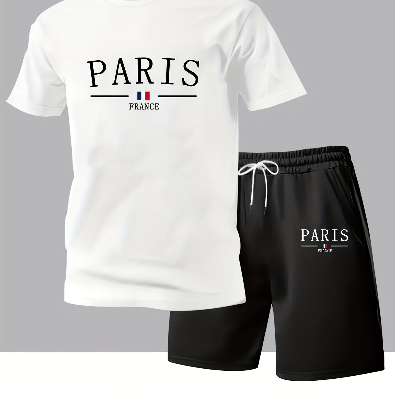 Paris Gradient Letter Print Men's Two-Piece Set: Crew Neck Short Sleeve T-Shirt and Drawstring Shorts Summer Casual Sportswear