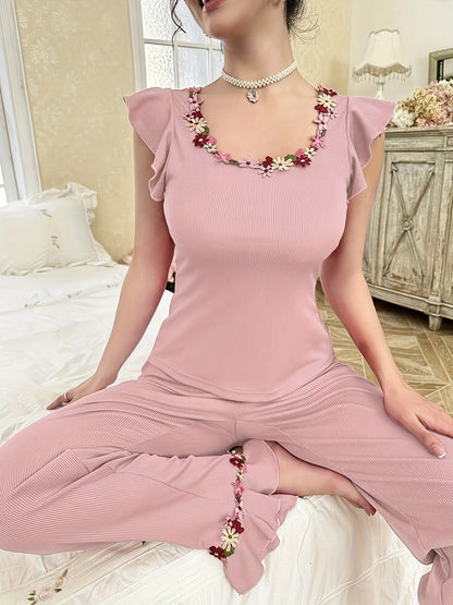 Elegant Women'S Floral Embroidered Colorful Small Floral Small Cap Sleeve Top and Ruffle Hem Pants Set