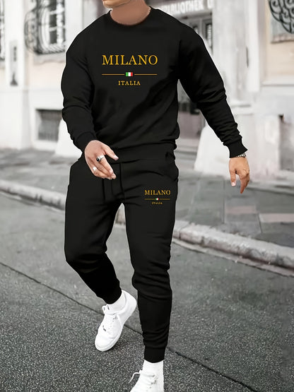 Men's Fashion Casual Sports MILANO Round Neck Sweatshirt and Pants 2pcs Set - Xingfan
