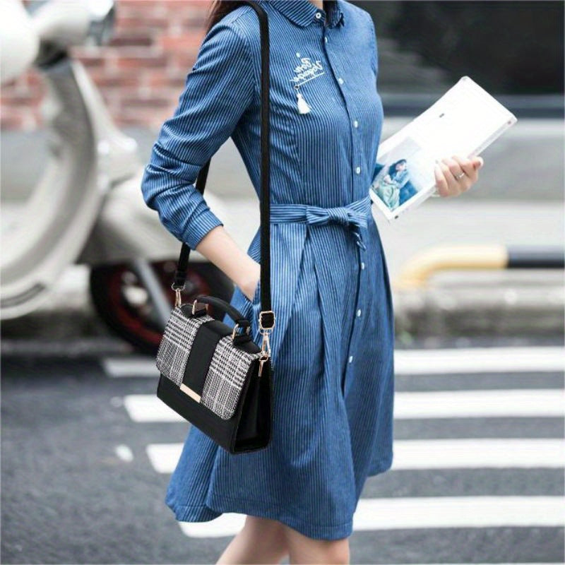 Trendy Plaid Pattern Handbags, Snap Button Crossbody Bag, Women's Top Handle Flap Purses For Everyday