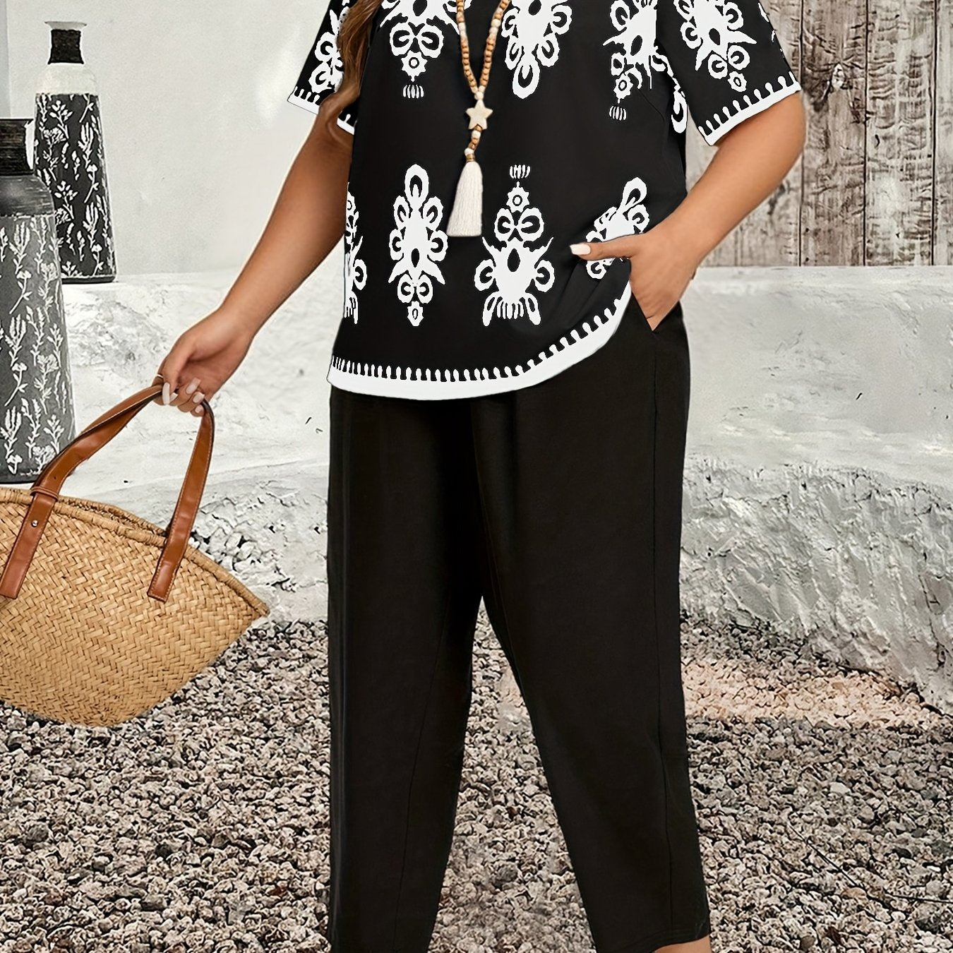 Plus Size Casual Country Print Loose Long Sleeve Pullover and Pants Two-Piece Set, Elegant Autumn Leonie