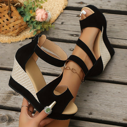 Women'S Black Platform Wedge Sandals - Open Toe, Zipper, Textured Design, High Heel, Comfortable for All Seasons, Casual Footwear | Platform Wedge Sandals | Rubber Sole