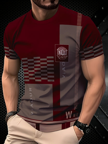 Men'S Navy & Brown Plaid Short Sleeve T-Shirt - "Union" Logo, Casual Crew Neck, All-Season Comfort, Regular Fit, Casual Attire | Plaid Pattern Top | Glossy Finish, PLUS SIZE