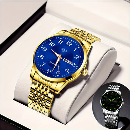 1pc DEBLOVE Men'S Stainless Steel Watch with Red Dial - Date, Calendar, Luminescent Hands & Markers, Quartz Movement, Business Casual Style, Perfect for Travel, Work, and Birthdays, Birthdays Gift|Elegant Watch Design|Quartz