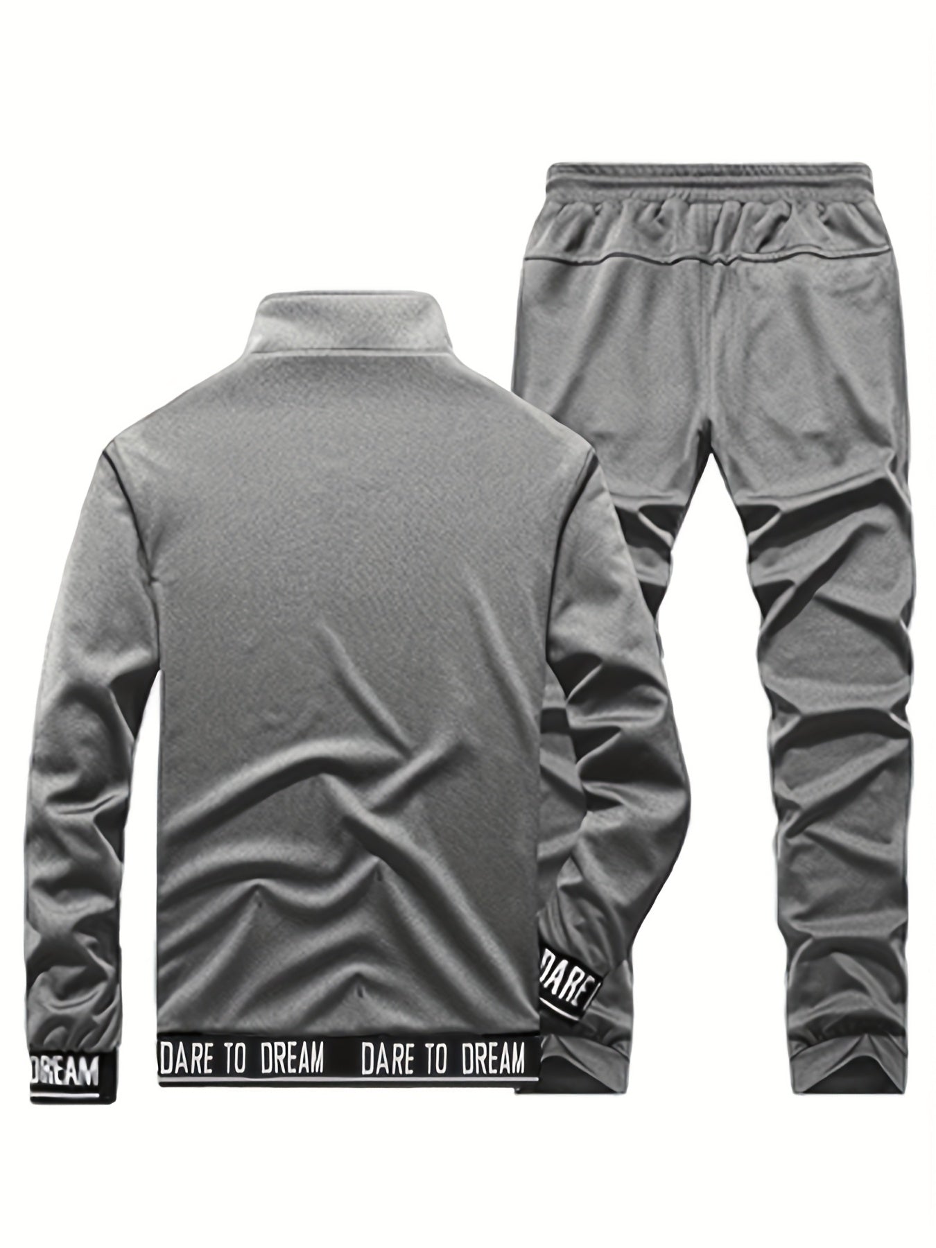 Men'S Casual Sportswear Set - Beige Zip-Up Jacket & Joggers with "DARE TO BE" Print, Long Sleeve, Pockets, and Drawstring Waist, Perfect for Running and Leisure Activities, Spring/Fall Collection, Spring Fall Attire | Zipup J