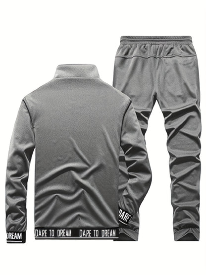 Men'S Casual Sportswear Set - Beige Zip-Up Jacket & Joggers with "DARE TO BE" Print, Long Sleeve, Pockets, and Drawstring Waist, Perfect for Running and Leisure Activities, Spring/Fall Collection, Spring Fall Attire | Zipup J