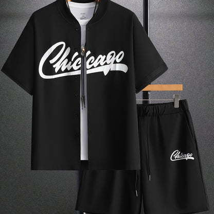 Men's Chicago Letter Print Casual Short Sleeve Baseball Shirt with Printed Webbing + Drawstring Shorts Two-Piece Set