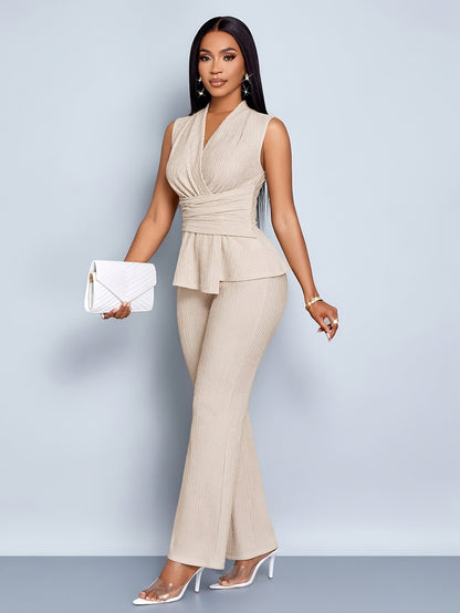 Women'S Elegant Beige V-Neck Sleeveless Top + Wide-Leg Pants Two-Piece Set, Asymmetrical Hem Two-Piece Casual Attire for Women, Spring And Summer Sleeveless Short Shirt Outfit, Office Wear for Mature Women, Business Casual St