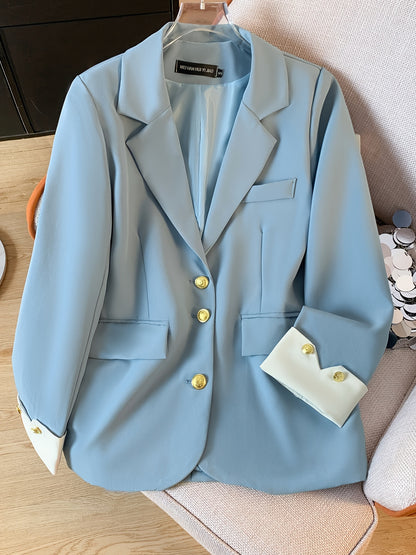 Chic Light Blue Slim-Fit Blazer կանանց համար. Նորաձև երկարաթև աշխատանքային գրասենյակային վերնազգեստ ոսկե կոճակով, էլեգանտ պոլիեսթեր գործվածք, կատարյալ գարնան և աշնան համար