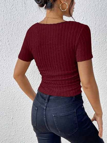 Elegant French Square Neck Ruched Side T-Shirt - Black, Stretchy & Machine Washable, Perfect for Spring/Summer, Casual Chic Style, Ladies T Shirts