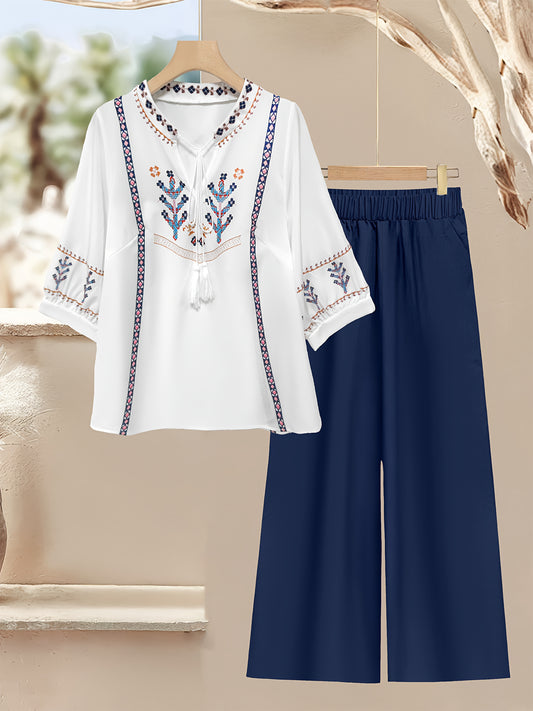 Elegant Ethnic Style Loose-Fit Top and Solid Color Casual Pants 2pcs Set for Women - Chic V-Neck with Floral Pattern, Long Sleeve, Polyester Blend, Perfect for Spring/Summer/Fall