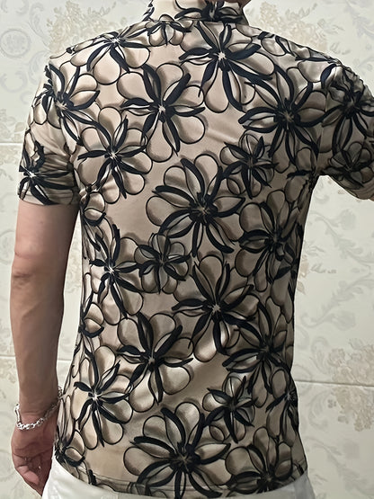 Men'S Lightweight Floral Print Short Sleeve T-Shirt - Stylish Black & Beige Business Casual Top with Zipper Detail, Regular Fit for Summer, Summer Casual Wear | Modern Casual Style | Stylish Button Details