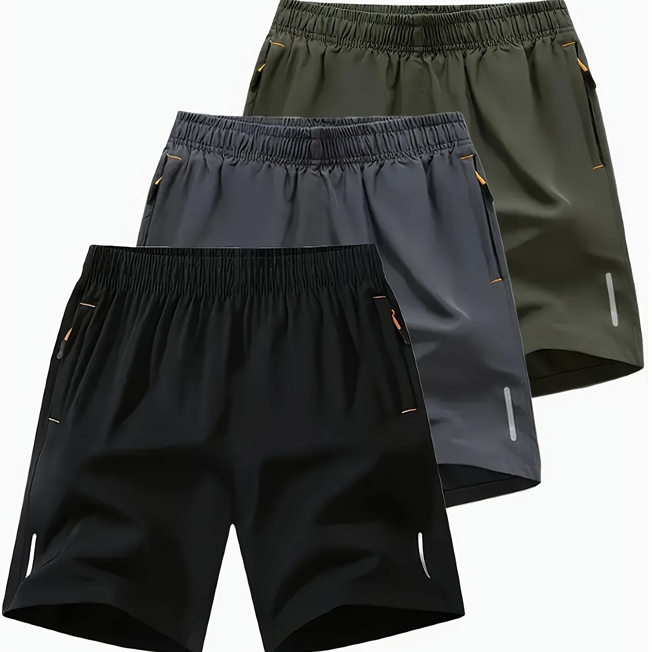 3-Pack Men'S Fashion Sports Casual Shorts, 97% Polyester 3% Elastane, Solid Color, Zipper Detail, Woven Fabric, Slight Stretch, Loose Fit, 117g/m² Weight