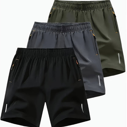 3-Pack Men'S Fashion Sports Casual Shorts, 97% Polyester 3% Elastane, Solid Color, Zipper Detail, Woven Fabric, Slight Stretch, Loose Fit, 117g/m² Weight