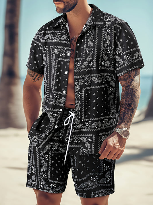 Men's Paisley Print Short Sleeve Shorts Single Button Shirt Suit with Elastic Cord and Pockets