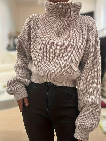 Autumn and Winter Half-Zip Short Fashion Lantern Sleeve Pullover Sweater to Show Your Figure and Versatile