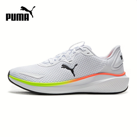 PUMA Unisex Sneakers - Low-Top Gym Sneakers in White/Black/Neon Green Accent - Breathable Fabric Upper & Cushioned Rubber Sole - Lightweight Running Shoes for Men & Women - Ideal for Training, Everyday & Formal Wear, Sporty D