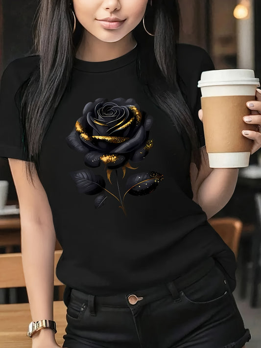 The Black Roseprint t-shirt, short sleeve crew neck casual top for summer & spring, Women's clothing gift
