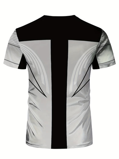 Men'S Slim Fit Breathable T-Shirt with Intricate Black & White Geometric Print - Moisture-Wicking Polyester-Spandex Blend, Machine Washable, Round Neck Short Sleeve for Summer Casual Wear, Gym, Hiking & Outdoor Activities