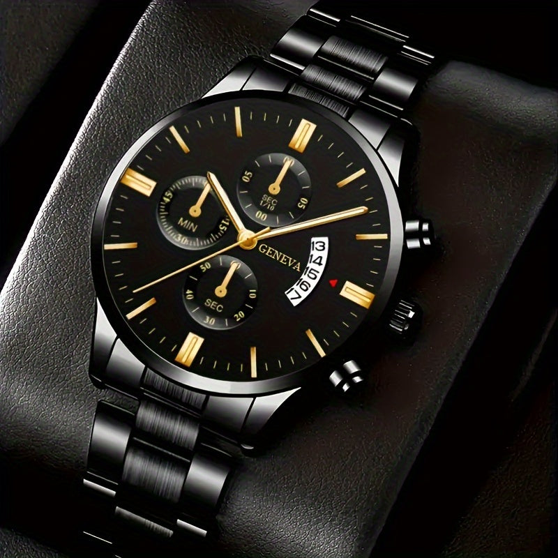 2pcs Men'S Quartz Watch Set with Concept Decorative Dial, Fashionable Wristwatch & Bracelet Combo - Shock-Resistant, Analog Display, Alloy & Stainless Steel Bands - Ideal for Birthdays & Holiday Parties, Gift for Men & Studen