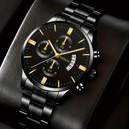 2pcs Men'S Quartz Watch Set with Concept Decorative Dial, Fashionable Wristwatch & Bracelet Combo - Shock-Resistant, Analog Display, Alloy & Stainless Steel Bands - Ideal for Birthdays & Holiday Parties, Gift for Men & Studen