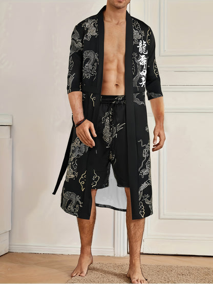 Men'S Dragon Dance Square Dragon Print Robe and Shorts Set - Casual V-Neck, Non-Stretch Polyester Home Wear with Belt Detail, Regular Fit