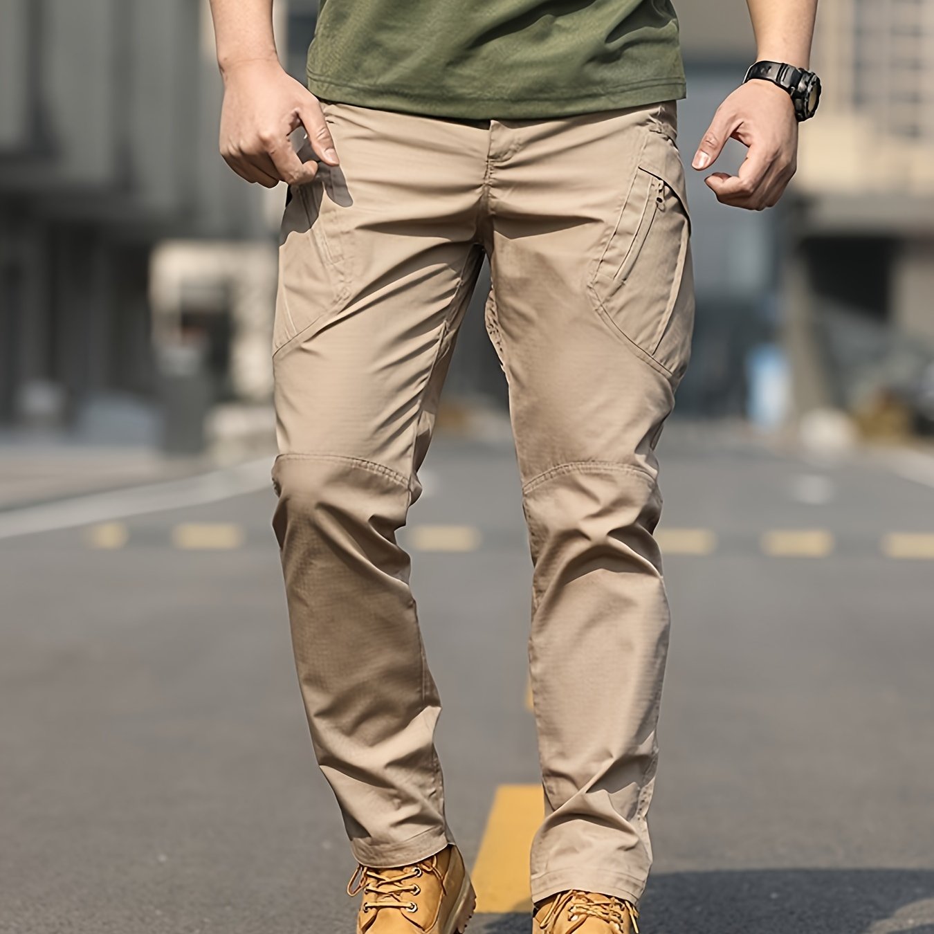 Men's Olive Green Tactical Cargo Pants - Durable Polyester, Multi-Pocket Design for Hiking & Outdoor Adventures, Machine Washable, Camping Gear