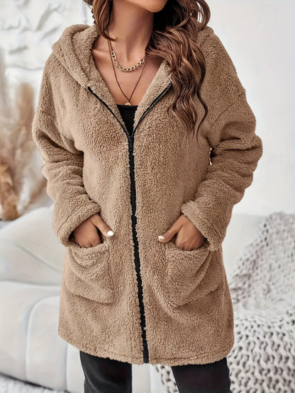 Women's Winter Elegant Solid Color Zipper Patch Pocket Long Sleeve Plush Hooded Coat