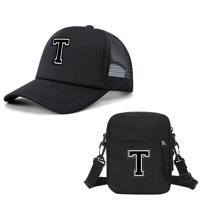 2pcs Men'S And Women'S 26-Letter Printed Trucker Hat & Bag Set, Mesh Breathable Versatile Casual Sun Hat, Suitable for Holiday Vacation, Mountain Climbing, Camping, Outdoor Street And Other Scenes, Suitable As a Birthday, Hol