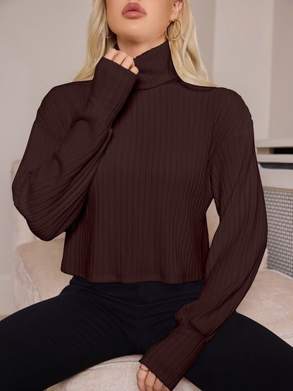 Women'S High Neck Knit Turtleneck T-Shirt, Solid Color Polyester 95% Spandex 5% Blend, Short Length, Fall/Winter Collection, 210g/m² Knit Fabric