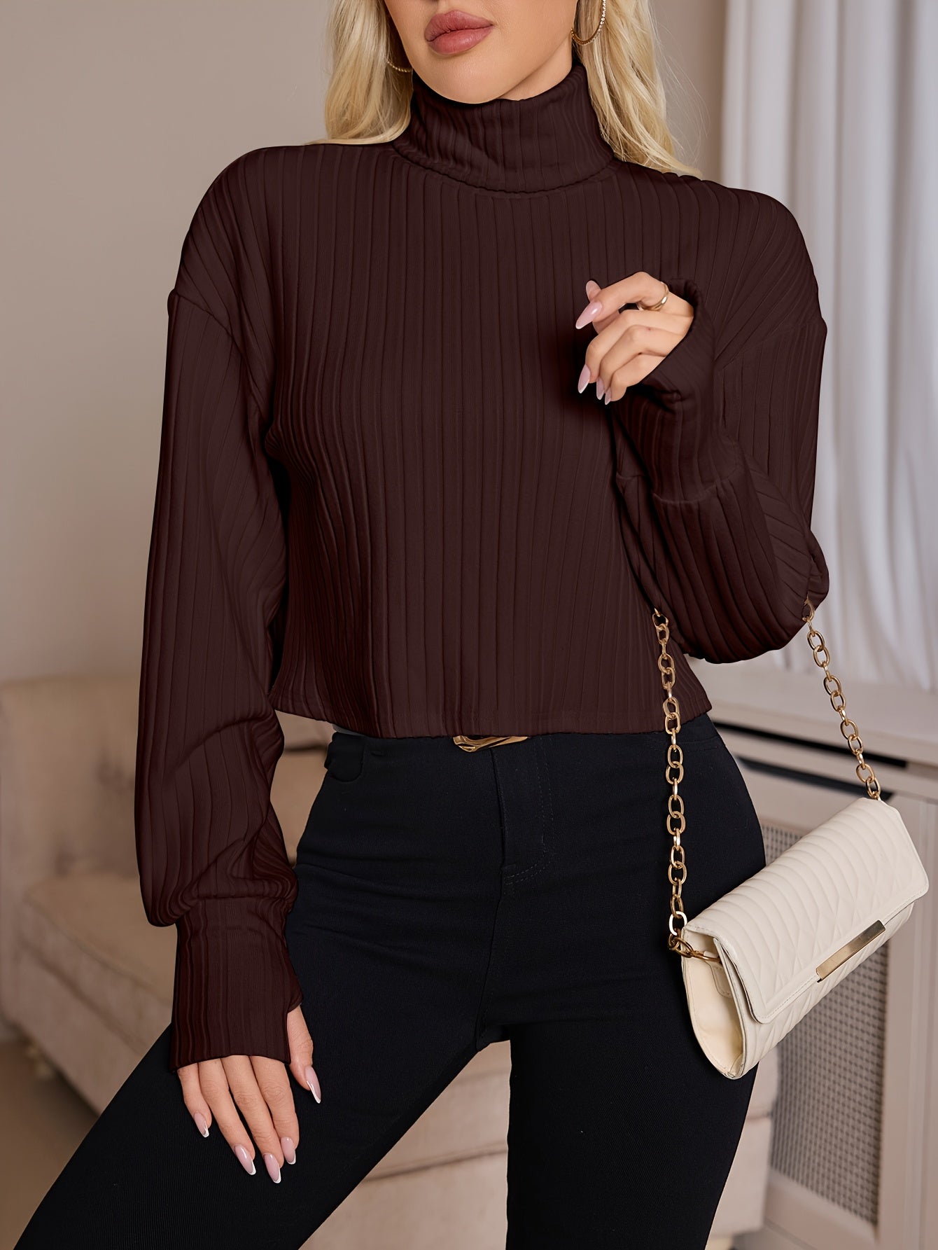 Women'S High Neck Knit Turtleneck T-Shirt, Solid Color Polyester 95% Spandex 5% Blend, Short Length, Fall/Winter Collection, 210g/m² Knit Fabric