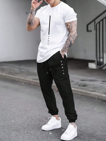 1set Men'S Casual Sportswear Set, Geometric Pattern Short Sleeve T-Shirt and Drawstring Joggers, Knitted Polyester and Elastane Blend, Round Neck, Regular Fit, Four Seasons Outfit