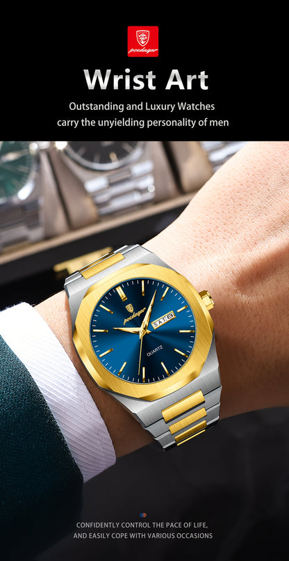 POEDAGAR Men'S Luxury Quartz Watch - Waterproof, Luminous Calendar, Stainless Steel Band, Business Style, Blue & Golden Accents, 3ATM, Non-Rechargeable Button Battery, Perfect for Spring Festival & Valentine'S Day Gifts