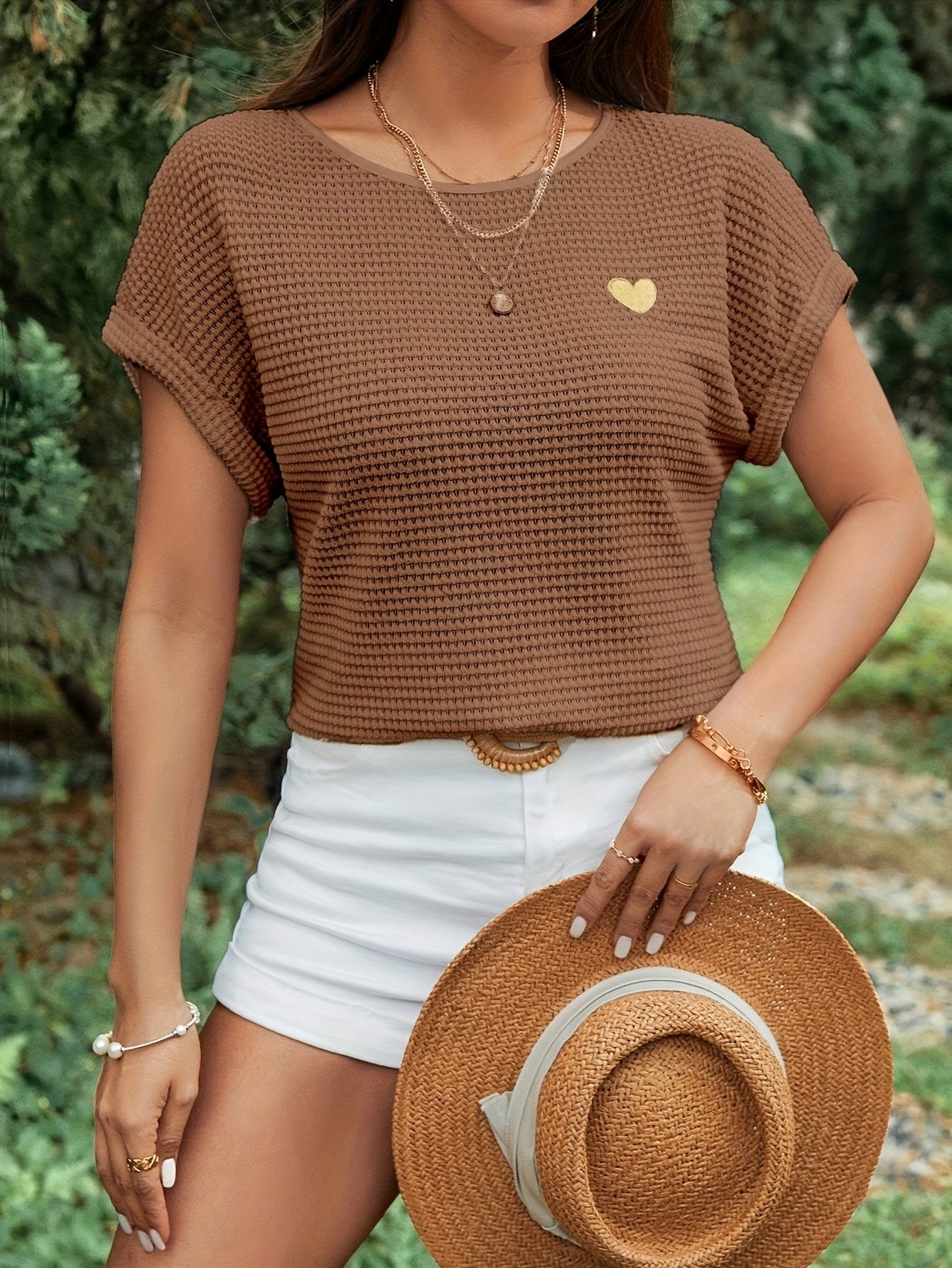 Women'S Brown Knit Short Sleeve Top with Golden Heart Design - Casual Spring/Summer Blouse, Casual Wear|Knit Texture|Short Sleeve Top