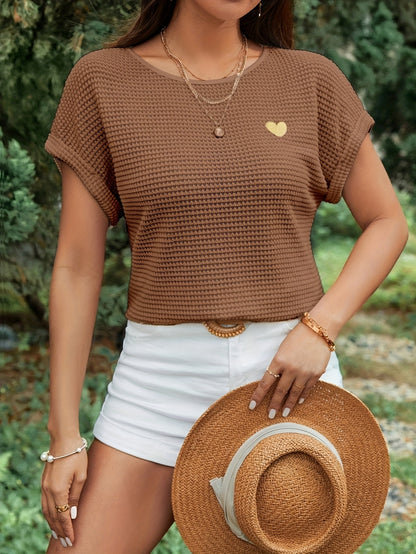 Women'S Brown Knit Short Sleeve Top with Golden Heart Design - Casual Spring/Summer Blouse, Casual Wear|Knit Texture|Short Sleeve Top