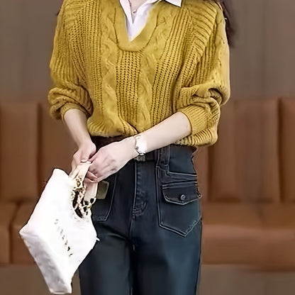 2 In 1 Contrast Color Collared Sweater, Chic Cable Knit Long Sleeve Polo Sweater For Fall & Winter, Women's Clothing