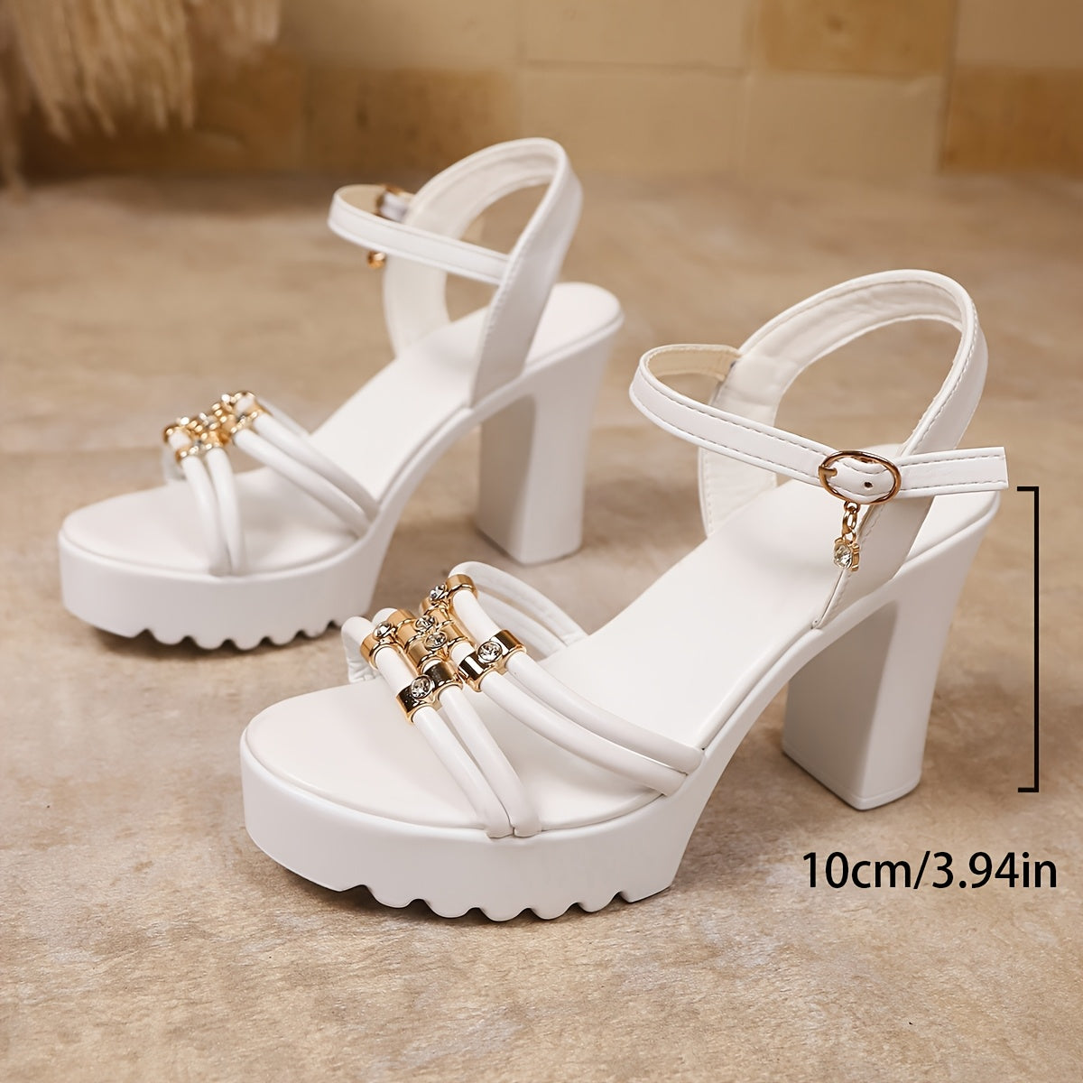 Women's Chunky Platform High Heel Sandals - Elegant Open-Toe Summer Shoes with Ankle Strap, Synthetic Cover Upper & PU Sole, White Versatile Dressy Casual Footwear, Chunky Heel Sandals, Formal Casual Wear, Crisscross Ankle St