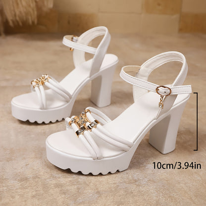 Women's Chunky Platform High Heel Sandals - Elegant Open-Toe Summer Shoes with Ankle Strap, Synthetic Cover Upper & PU Sole, White Versatile Dressy Casual Footwear, Chunky Heel Sandals, Formal Casual Wear, Crisscross Ankle St
