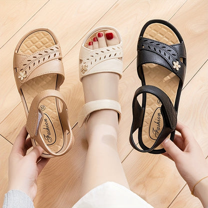 Women's Slip-On Sandals - Non-Slip Cushioned insoles, Beige/White - Low Heel Beach, Office, Everyday Shoes - Slip-Resistant Platform Footwear for Women, Ladies Shoes And Sandals, Crisscross Strap Design, Decorative Embellishm
