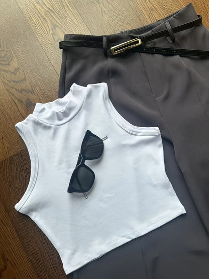Summer Sexy Half-Turtleneck Sleeveless Vest + Versatile Western Flare Pants Set with Belt