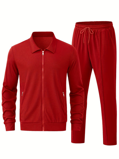 Men's Solid Waffle 2pcs Athletic Outfits, Zip-up Jacket & Pants co ord set for Outdoor Sports