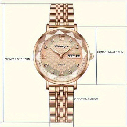 1pc POEDAGAR Elegant Women'S Quartz Watch - Luxurious Rose Golden-Tone with Luminous Hands, Calendar Display, Alloy Case & Band, Quartz Movement, Fashion Accessory|Elegant Timepiece|Rose Golden Finish, Watch Accessories