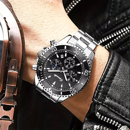 1pc New Fashion Stainless Steel Luxury Quartz Watch, High-end, Casual, Round Dial, Multi-scale, Night Light, Date Display, with Birthday, Holiday, Anniversary, for Men, Travel, Party