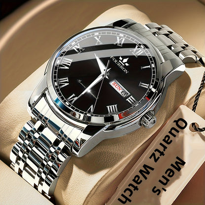 FOURRON Men'S Quartz Watch - Stainless Steel Band, Roman Numerals, Luminous, Waterproof, Ideal for Birthday & Holiday Gifts