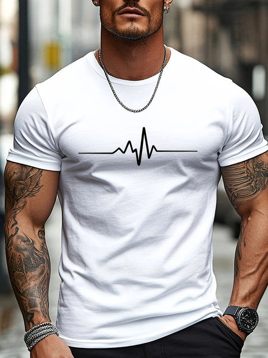 Men'S Brown T-Shirt with ECG Heartbeat Graphic - Casual Streetwear, Short Sleeve, Round Neck, Stretch Fabric, All-Season Comfort, Casual Streetwear Tee | Round Neck Tshirt | Comfortable Fit