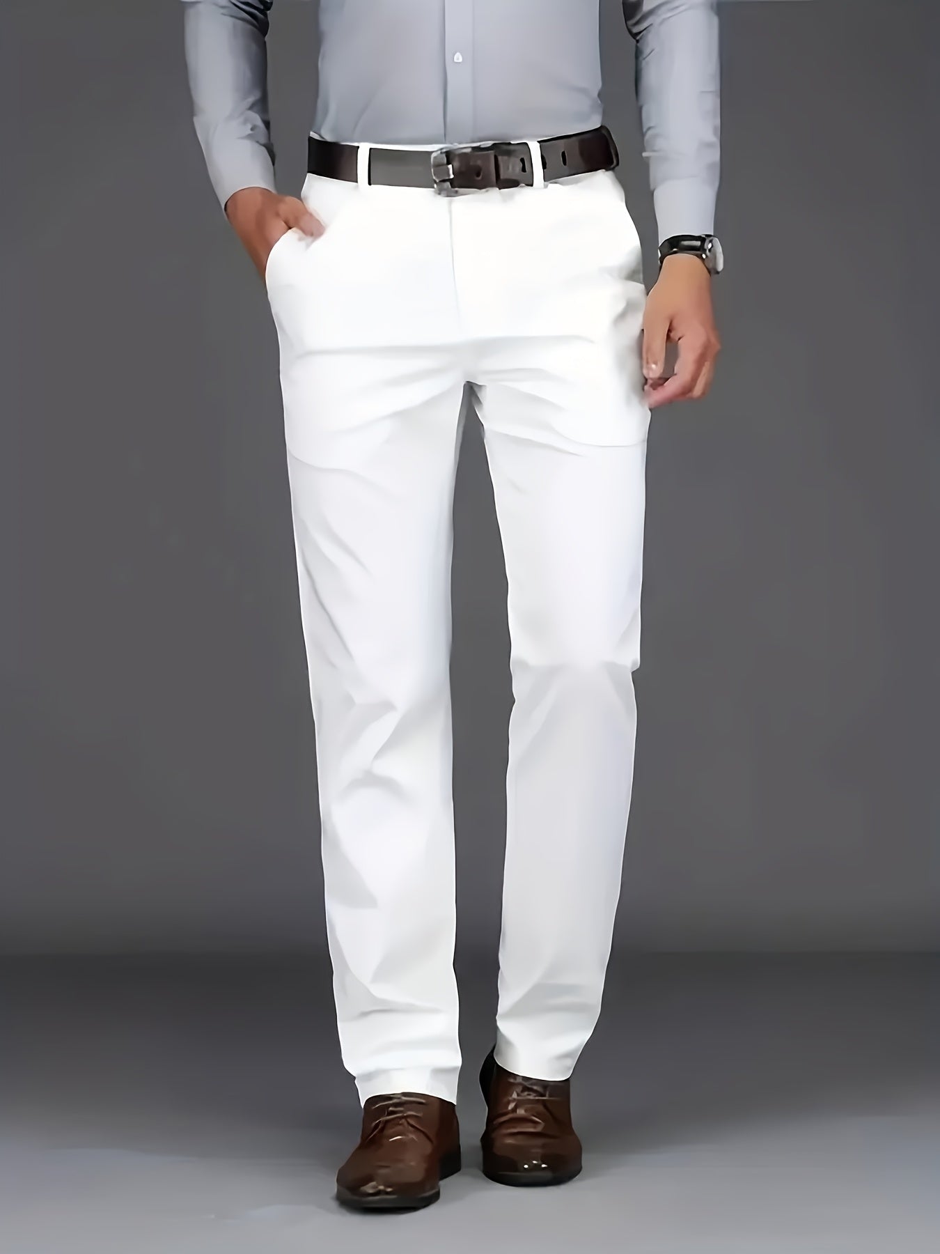 [Durable Build] Men's All-Season Casual Dress Pants - Business Style Stretch Trousers, Comfortable Classic Design, Light Brown Polyester Blend, Machine Washable, Smooth Finish, Regular Fit for Office or Leisure Wear