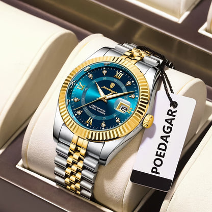 POEDAGAR Luxury Men'S Quartz Watch - Waterproof, Luminous, Stainless Steel Band, Blue & Golden Accents, Date & Week Display, Casual Elegant Timepiece with Backpack Clasp